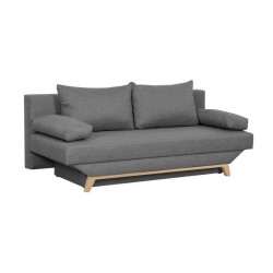 TEIJO Banquette convertible 3 places + coffre de rangement - Pieds bois clair - Tissu Gris Clair - L187 x P 91 x H 82 cm