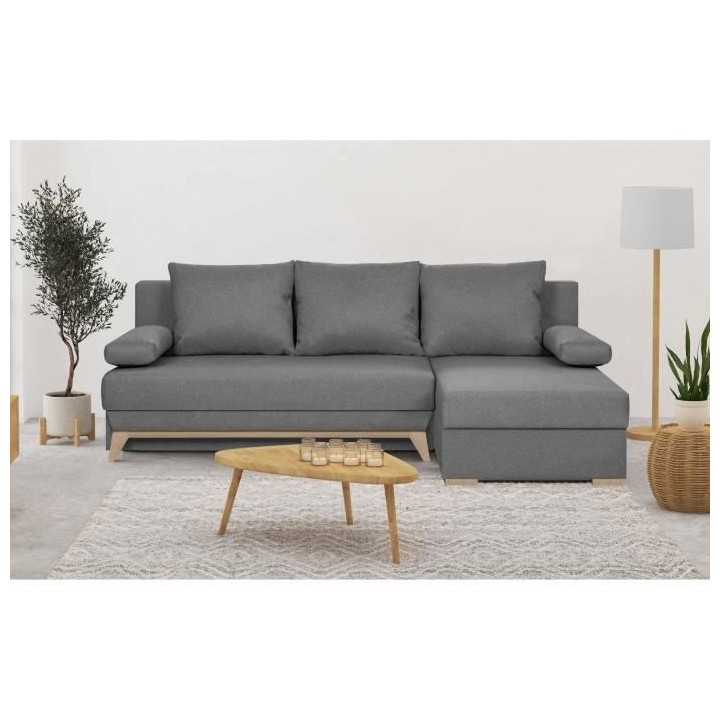 Canapé d'angle convertible - Tissu Gris - L 197 x P 91/132 x H 82 cm