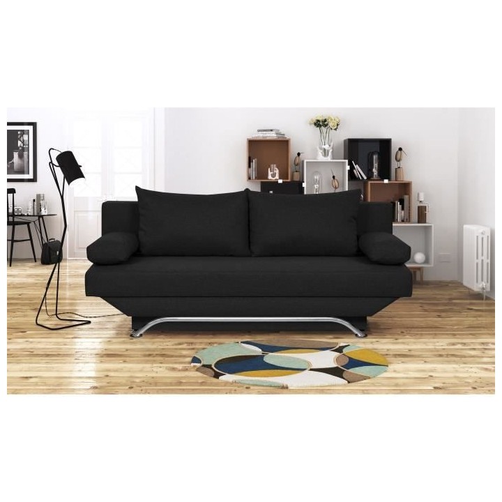 Banquette convertible 3 places avec coffre de rangement - Tissu Noir -