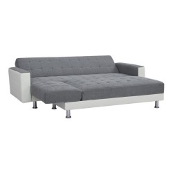 Canapé d'angle 3 places réversible - Tissu gris et simili blanc - Pieds en acier - L 277 x P 157 x H 80 cm - IVANA