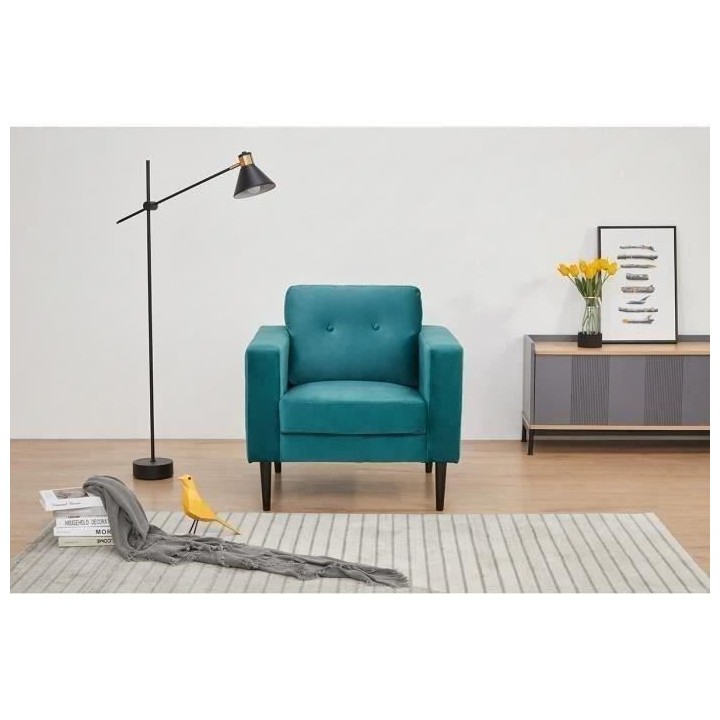 Fauteuil LEON -Tissu velours - Emeraude - L 80 x P 82 x 84 cm