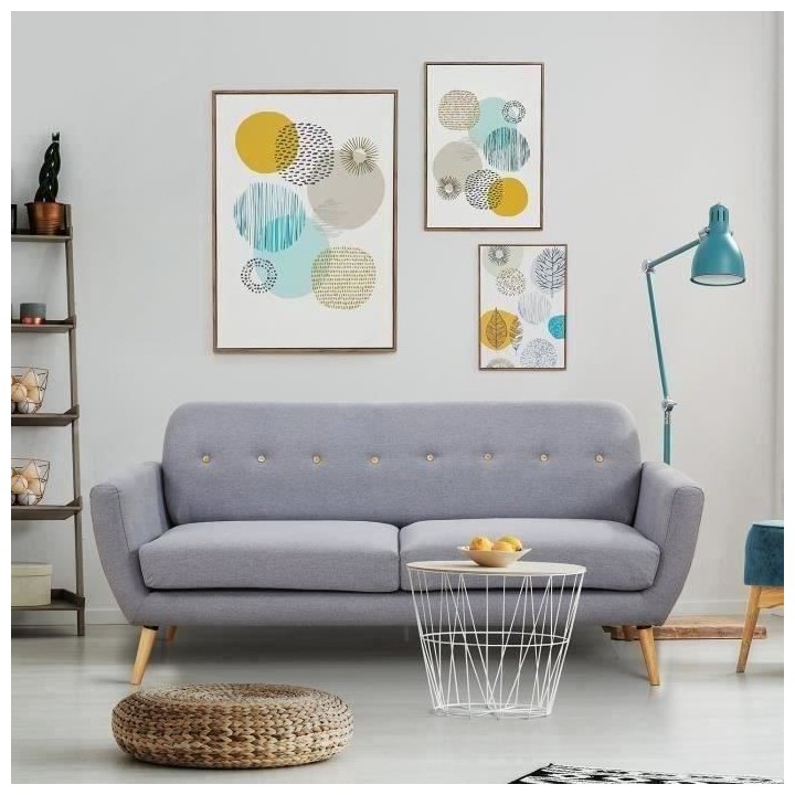 Canapé 3 places - Tissu Gris clair - Pieds en bois - L 193 x P 79 x H