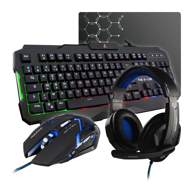 THE G-LAB COMBO ARGON Clavier FR Rétroéclairé Performance + Souris Revetement Soft-Touch + Casque KORP 100 + Tapis Antidérap