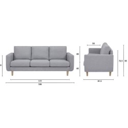 Canapé 3 places - Tissu gris clair - Contemporain - L 199 x P 81,5 x H 85 cm - NOLAN - Pieds bois naturel