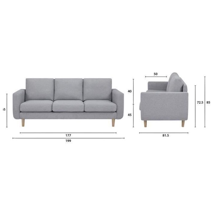 Canapé 3 places - Tissu gris clair - Contemporain - L 199 x P 81,5 x