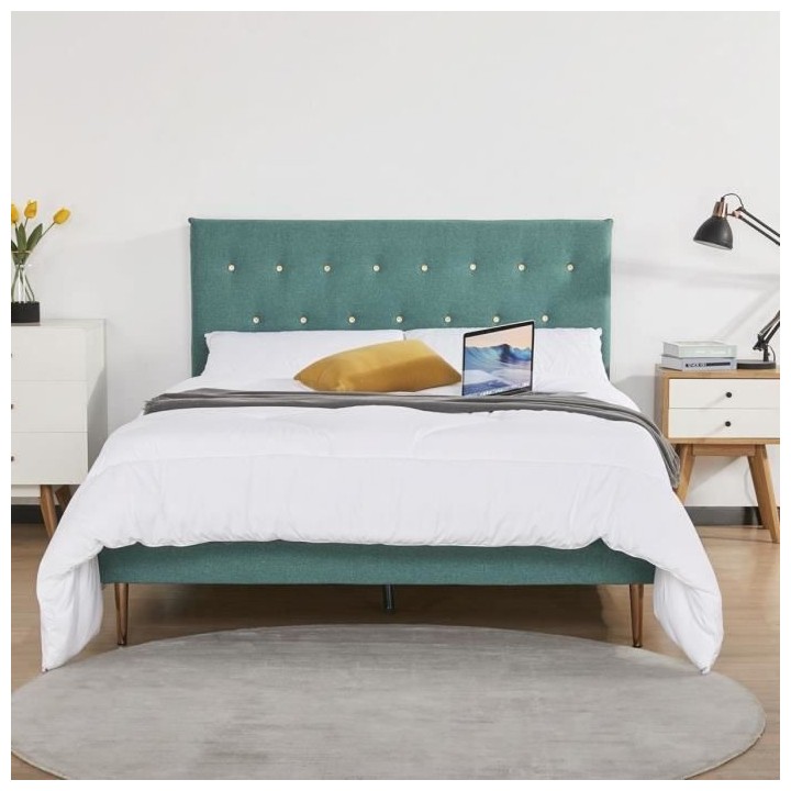 Lit adulte OCEAN - 140x190 cm - Tissu Vert - Sommier a lattes