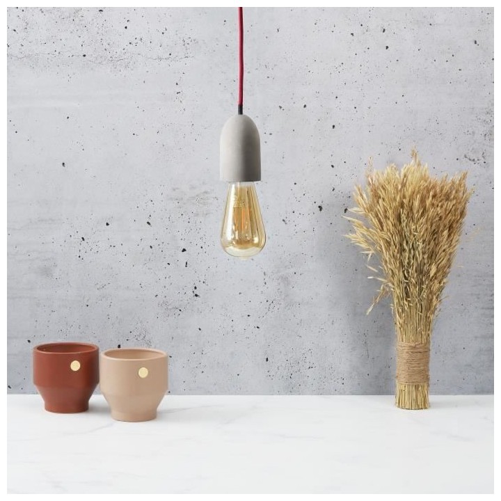 Suspension Béton - Style industriel - Câble Textile Rouge - Cuisine,