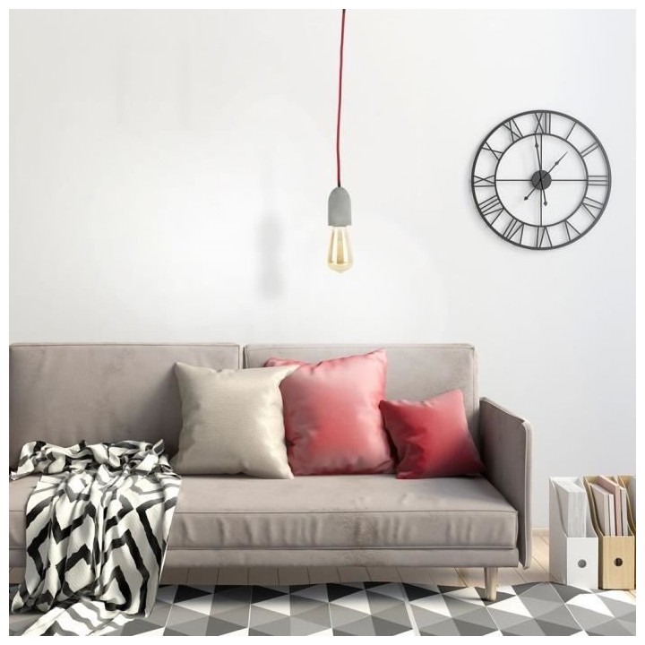 Suspension Béton - Style industriel - Câble Textile Rouge - Cuisine,