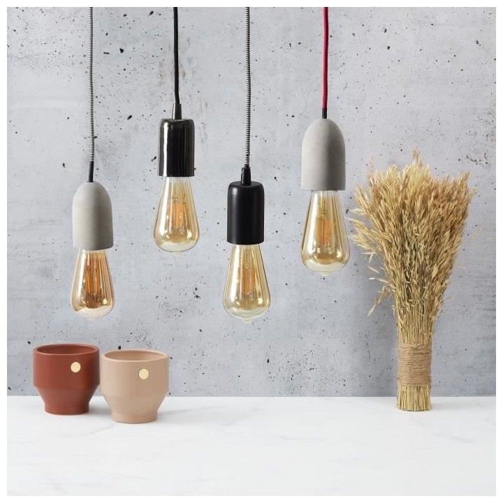 Suspension Béton - Style industriel - Câble Textile Rouge - Cuisine,