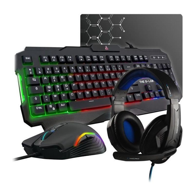 THE G-LAB COMBO ARGON E Gaming Clavier FR Rétroéclairé Performance + Souris Revetement Soft-Touch + Casque KORP 150 + Tapis