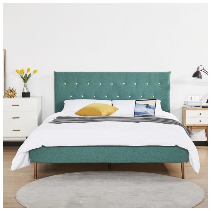 Lit adulte OCEAN - 160 x 200 cm - Tissu Vert - Sommier a lattes