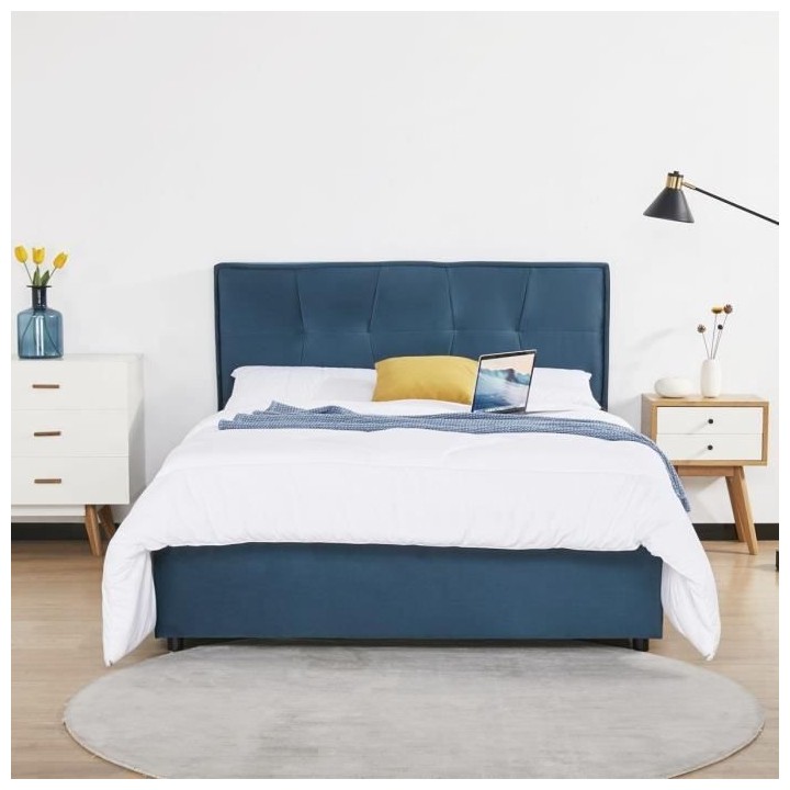 Lit adulte OCTAVE - 140 x 190 cm - Tissu Bleu foncé - Sommier a latte