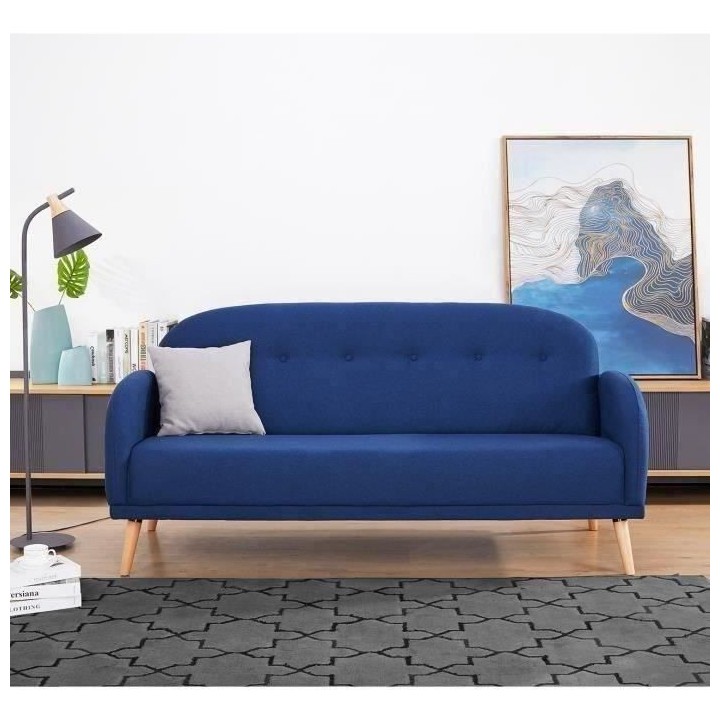 Canapé fixe 3 places ORCA -Tissu Bleu - L 186 x P 80 x 89 cm