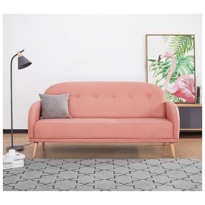 Canapé fixe 3 places ORCA -Tissu Rose - L 186 x P 80 x 89 cm