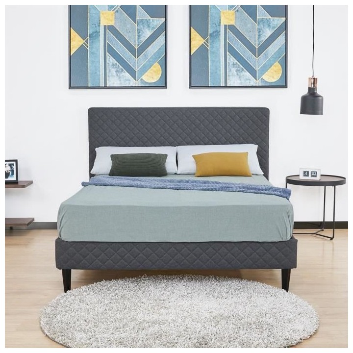 Lit adulte OTTO - 140 x 190 cm - Tissu gris - Sommier a lattes