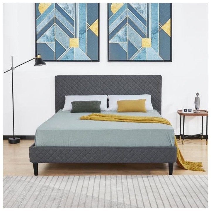 Lit adulte OTTO - 160 x 200 cm - Tissu Gris - Sommier a lattes