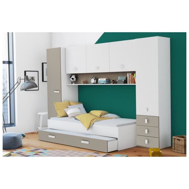 DEMEYERE Lit gigogne enfant avec multiples rangements - Décor blanc/a