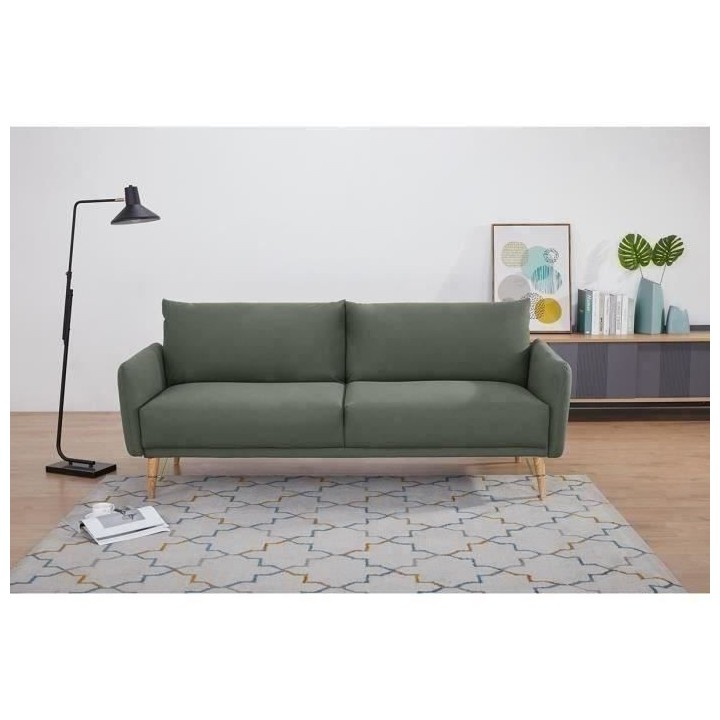 Canapé convertible Clic-clac 2 places - Tissu vert et pieds en bois -