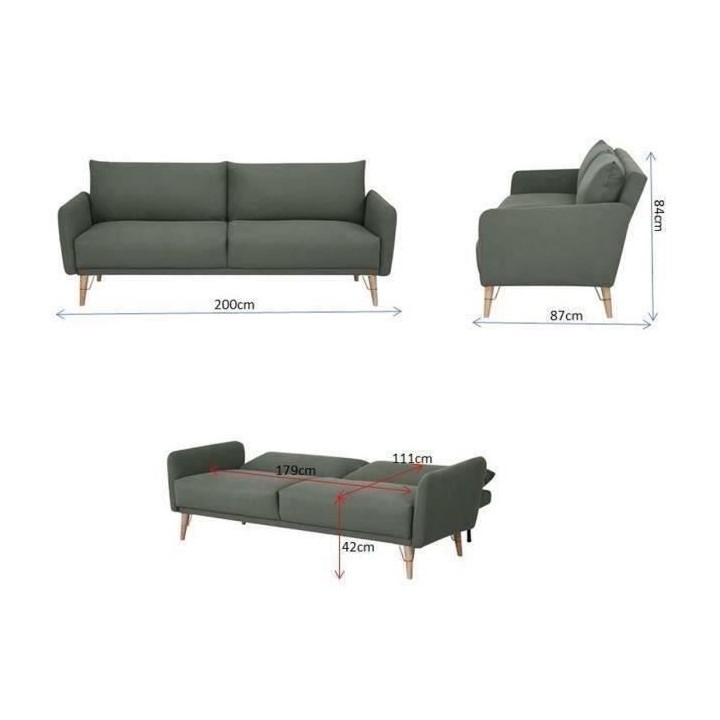 Canapé convertible Clic-clac 2 places - Tissu vert et pieds en bois -