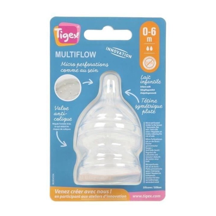TIGEX 2 Tétines Silicone Base Large Multi Flow 0-6 Mois