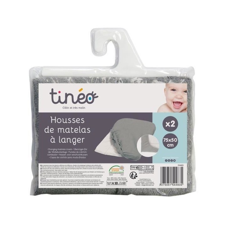 Tinéo Housses de Matelas a Langer Gris Foncé Lot de 2