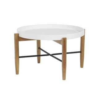 Table basse ronde avec piétement en hévéa massif et fer - Blanc laq