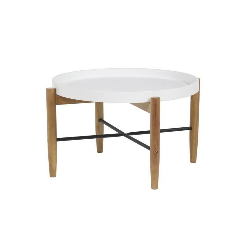 Table basse ronde avec piétement en hévéa massif et fer - Blanc laqué - L 80 x P 80 x H 45 cm - OLGA