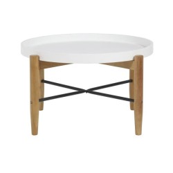 Table basse ronde avec piétement en hévéa massif et fer - Blanc laqué - L 80 x P 80 x H 45 cm - OLGA