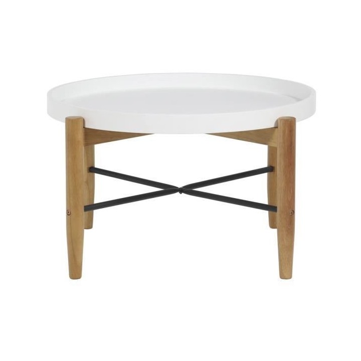 Table basse ronde avec piétement en hévéa massif et fer - Blanc laq