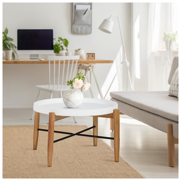 Table basse ronde avec piétement en hévéa massif et fer - Blanc laq