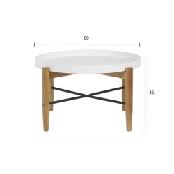 Table basse ronde avec piétement en hévéa massif et fer - Blanc laqué - L 80 x P 80 x H 45 cm - OLGA