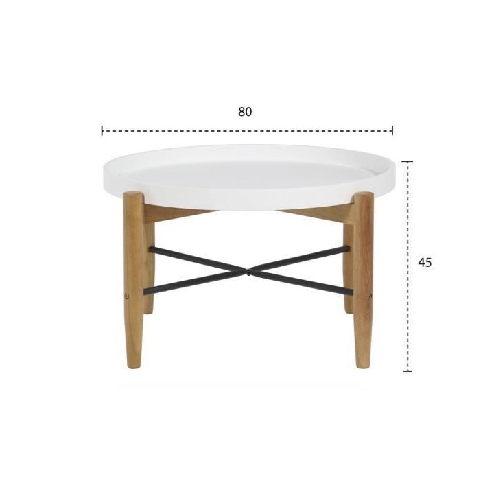 Table basse ronde avec piétement en hévéa massif et fer - Blanc laq