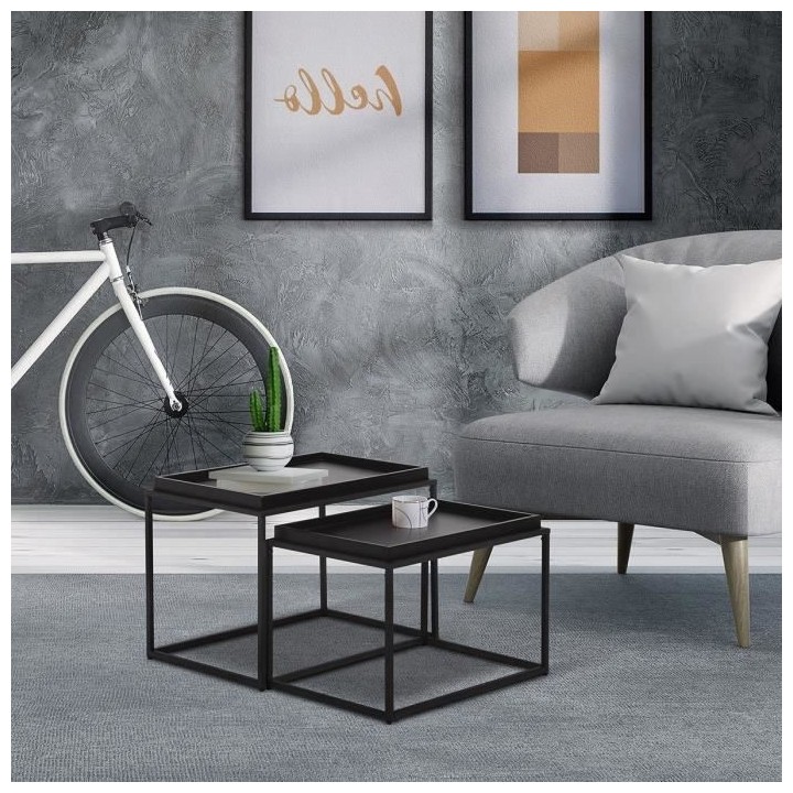 Tables gigognes - Laqué et pieds en métal - Noir - L 60 x P 40 x H 4