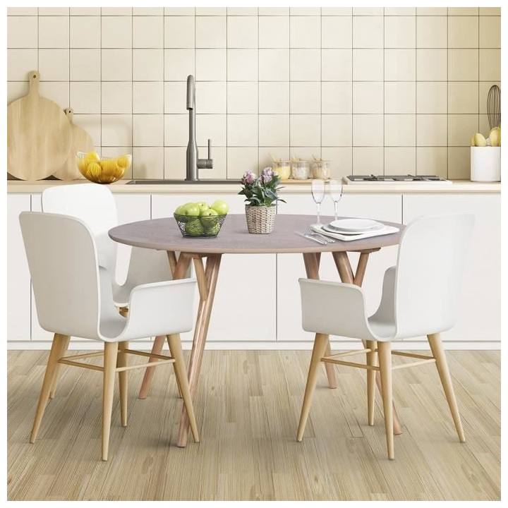 RONDO Table a manger ronde en hévéa massif et placage de chene - L 1