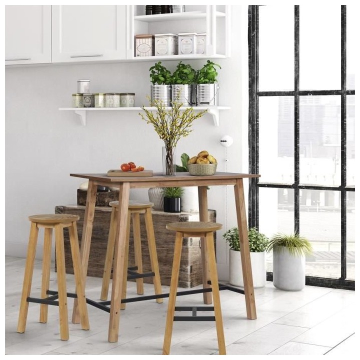 MALTE Table de bar placage chene avec piétement en hévéa massif et