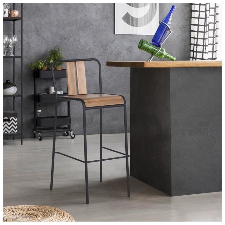 LOFT Lot de 4 tabouret de bar placage chene avec piétement fer - L 45