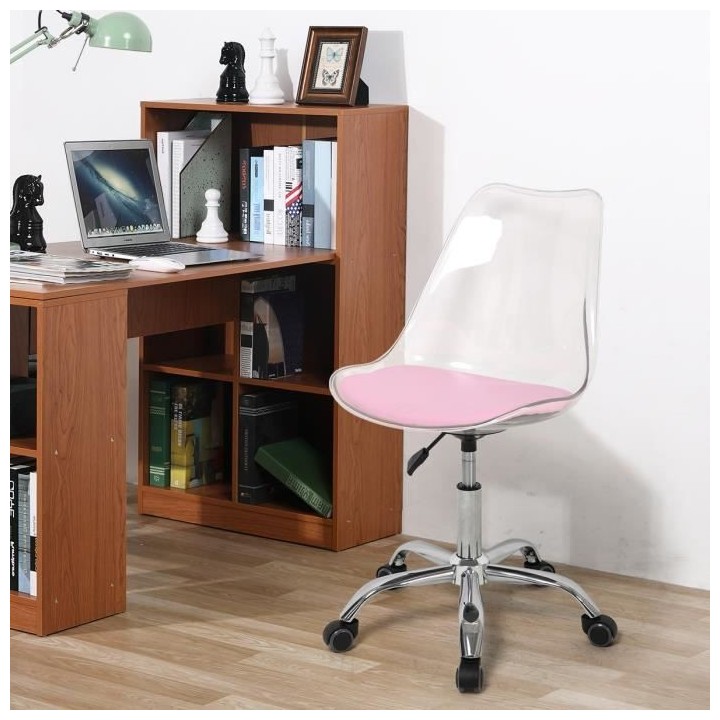 Chaise de bureau RONNY - Coque transparente et coussin rose - L 52 x P
