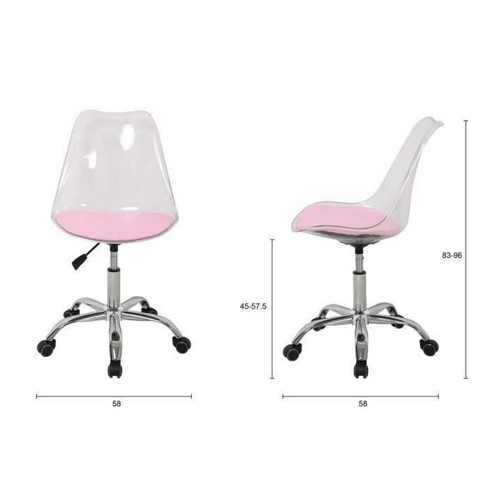 Chaise de bureau RONNY - Coque transparente et coussin rose - L 52 x P