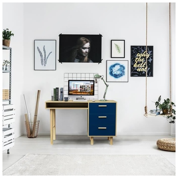 Bureau avec poignées - Pieds bois de pin bleu - LILA