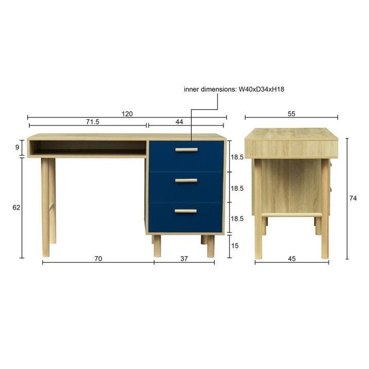Bureau avec poignées - Pieds bois de pin bleu - LILA