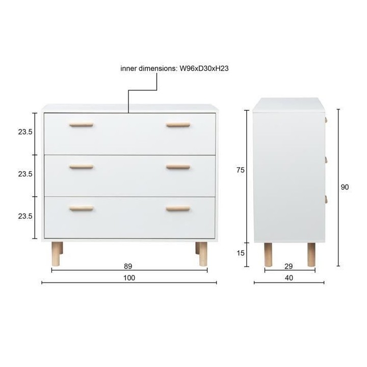 Commode avec 3 tiroirs - Pieds bois de pin blanc - LILA