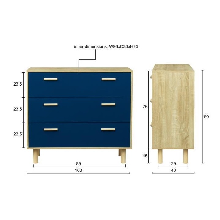 Commode avec 3 tiroirs - Pieds bois de pin bleu - LILA