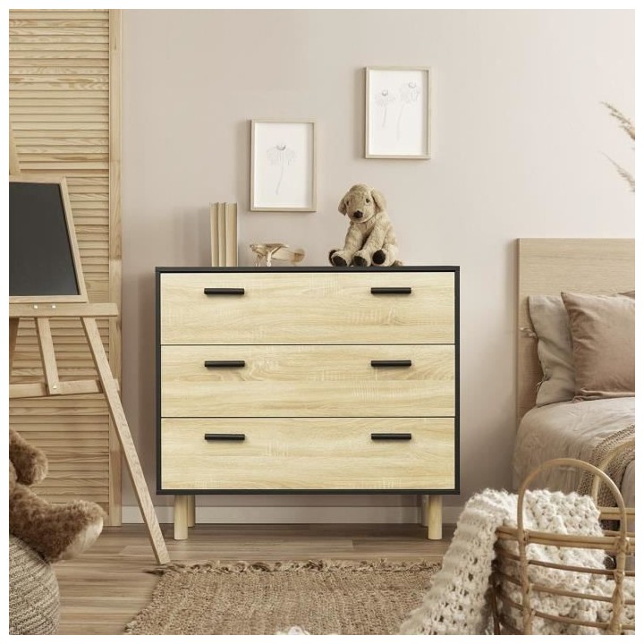 Commode avec 3 tiroirs - Pieds bois de pin noir - LILA