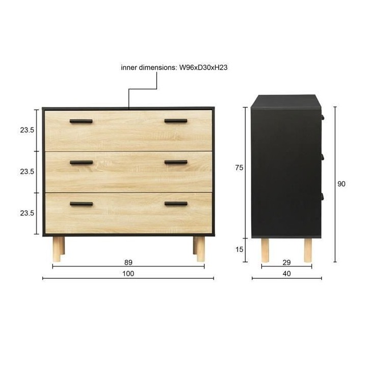 Commode avec 3 tiroirs - Pieds bois de pin noir - LILA