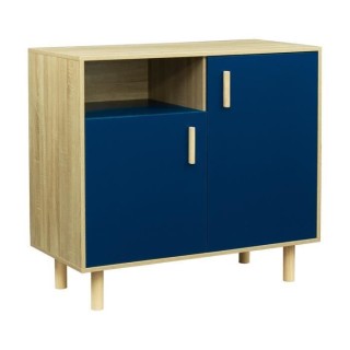 Petit buffet avec 2 portes - Décor bleu et chene - L 100 x P 48 x H 9