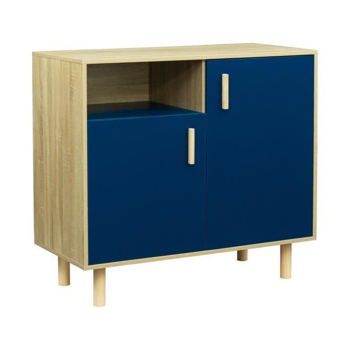 Petit buffet avec 2 portes - Décor bleu et chene - L 100 x P 48 x H 9