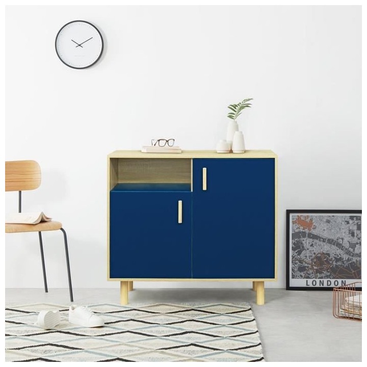 Petit buffet avec 2 portes - Décor bleu et chene - L 100 x P 48 x H 9