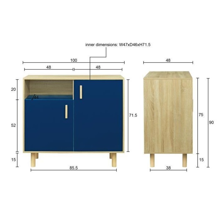 Petit buffet avec 2 portes - Décor bleu et chene - L 100 x P 48 x H 9