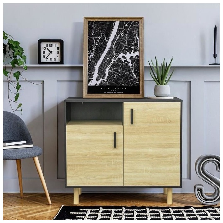 Petit buffet avec 2 portes et 1 niche - Décor noir et chene - L 100 x