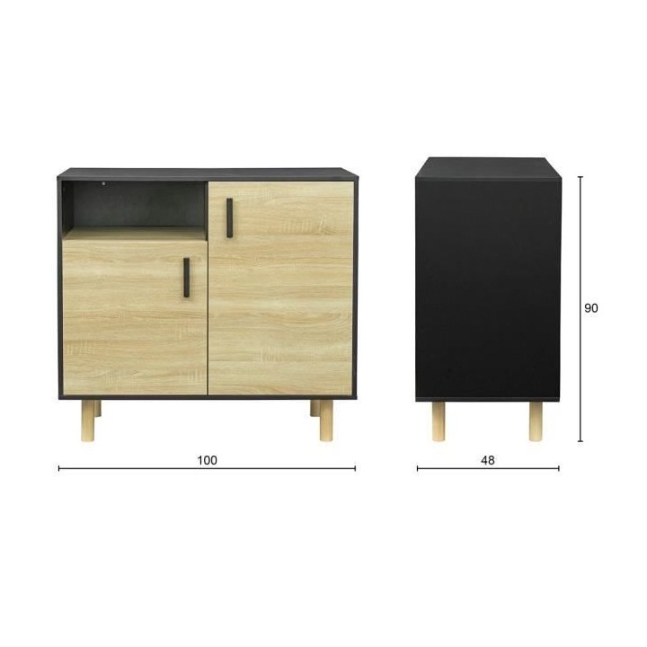 Petit buffet avec 2 portes et 1 niche - Décor noir et chene - L 100 x